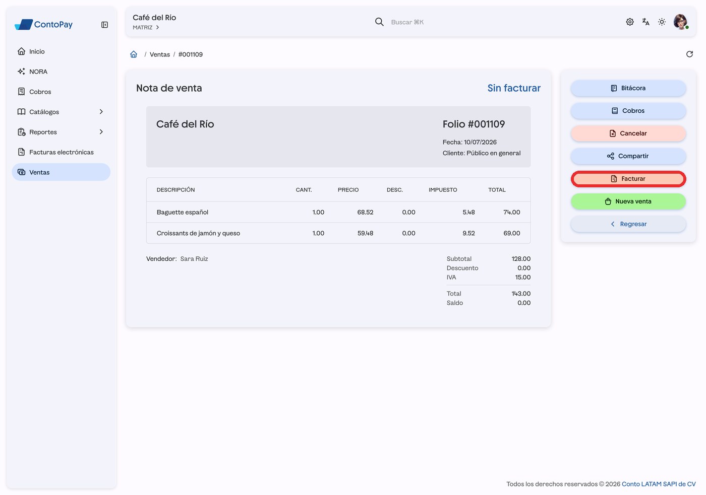 Nota de venta de ContoPay web con el botón Facturar resaltado en rojo.