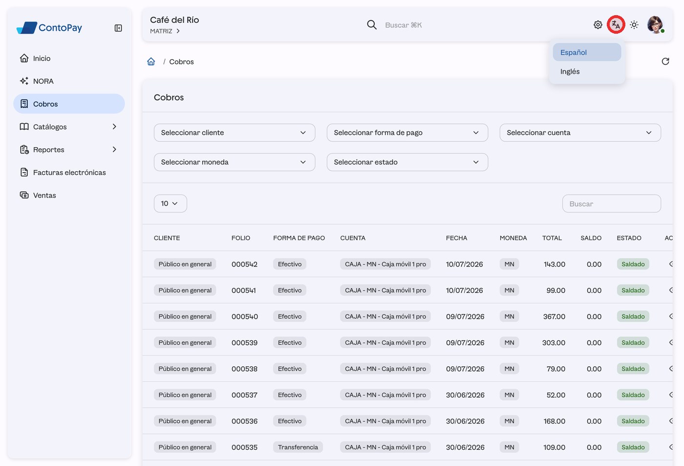 Barra superior de ContoPay web con el ícono de idioma resaltado en rojo.