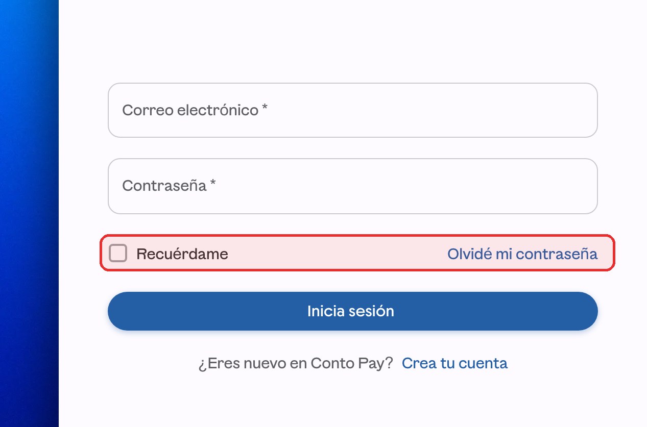 Formulario de ContoPay con la fila Recuérdame y Olvidé mi contraseña resaltada en rojo.