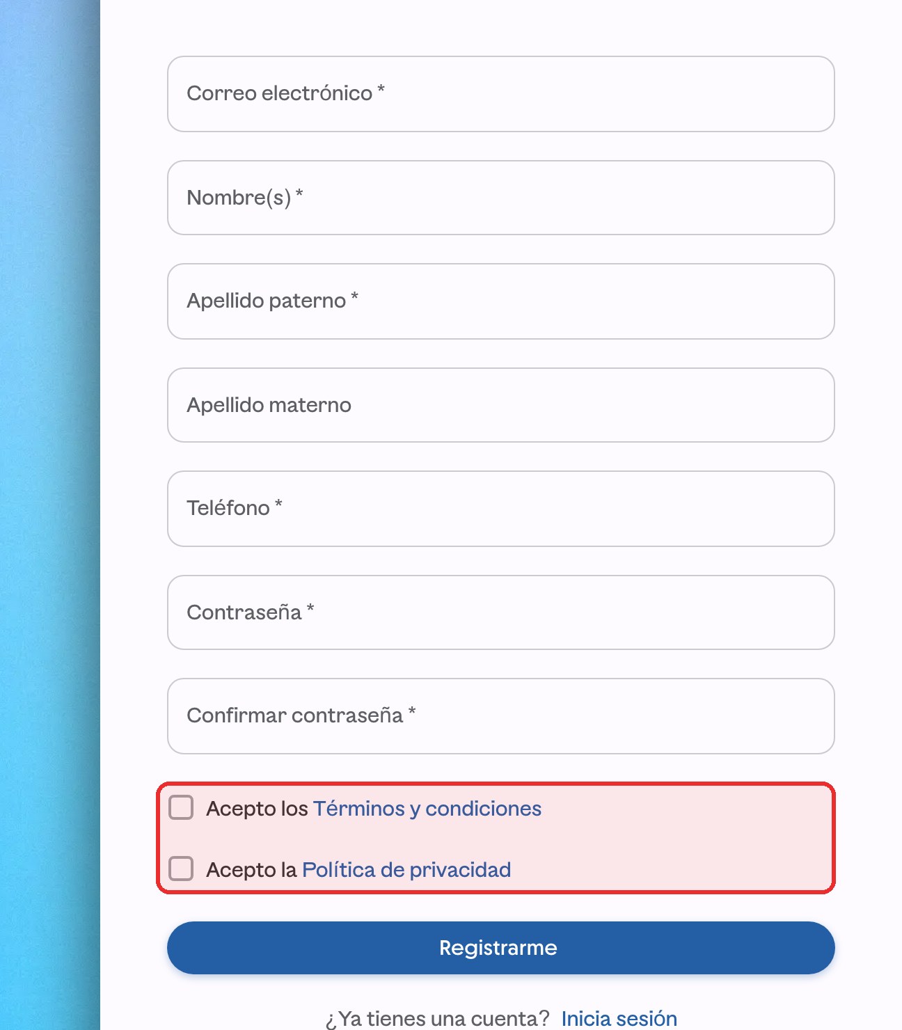 Formulario de registro de ContoPay con las casillas de Términos y Política de privacidad resaltadas en rojo.