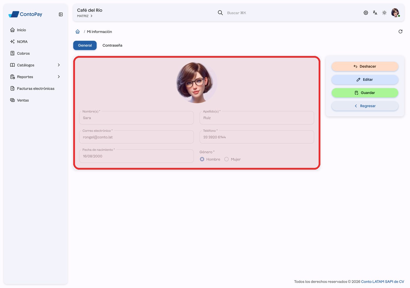 Pantalla Mi información de ContoPay web con los campos del perfil resaltados en rojo.