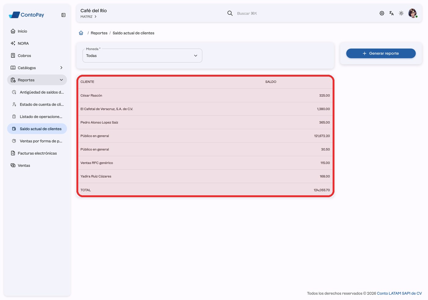 Resultado del reporte Saldo actual de clientes de ContoPay web resaltado en rojo.