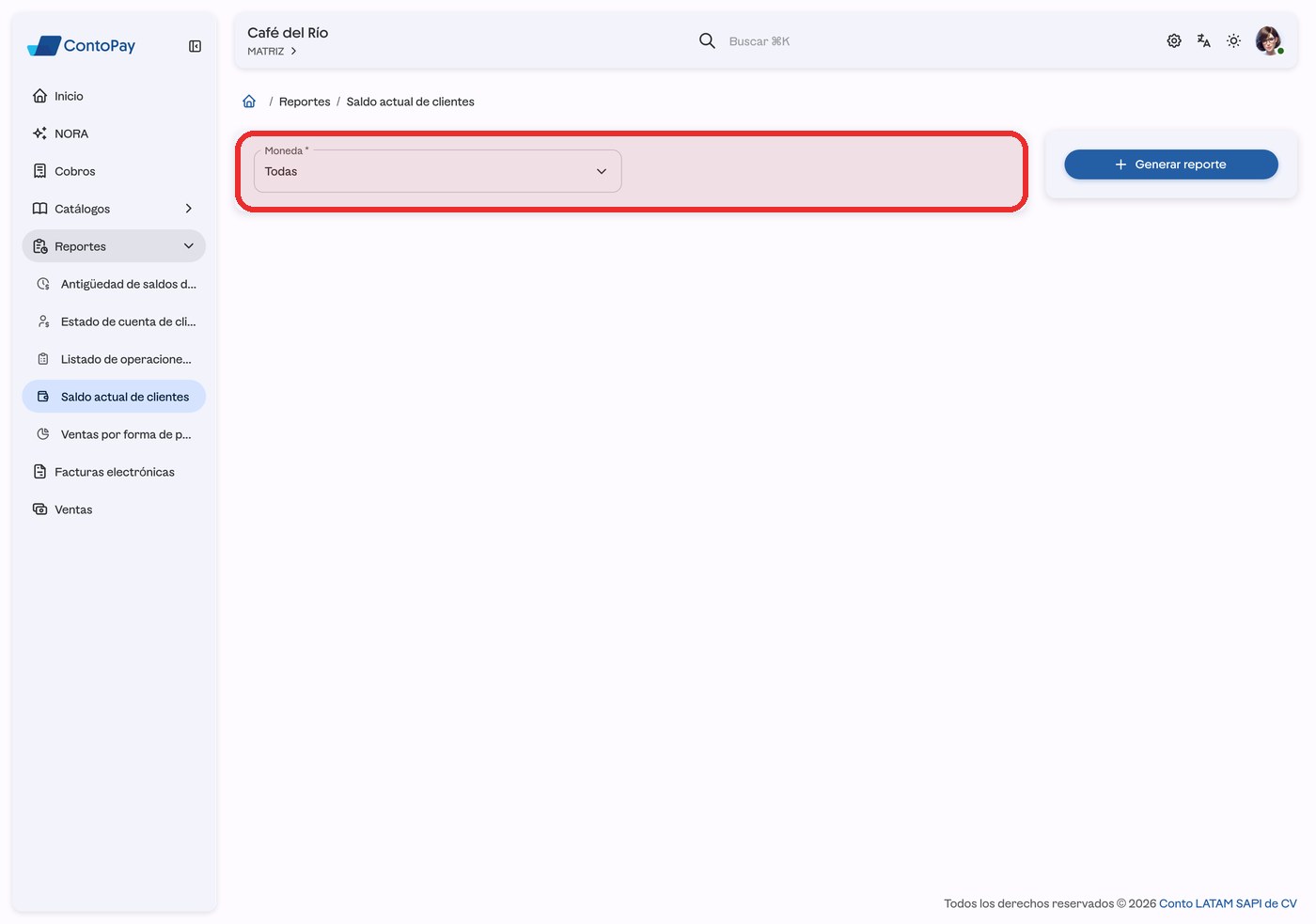 Formulario del reporte Saldo actual de clientes de ContoPay web con los filtros resaltados en rojo.