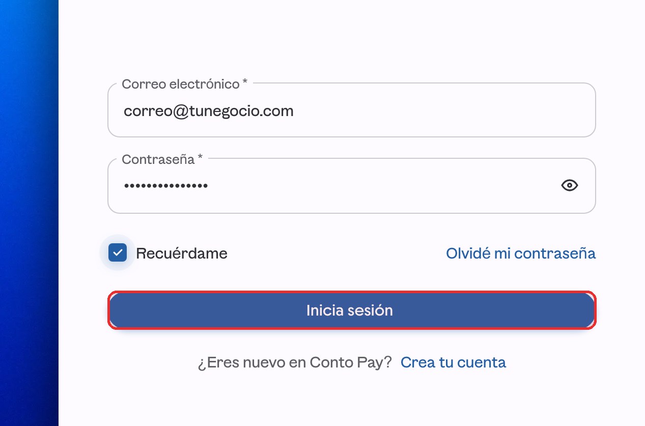 Formulario lleno de ContoPay con el botón Inicia sesión resaltado en rojo.
