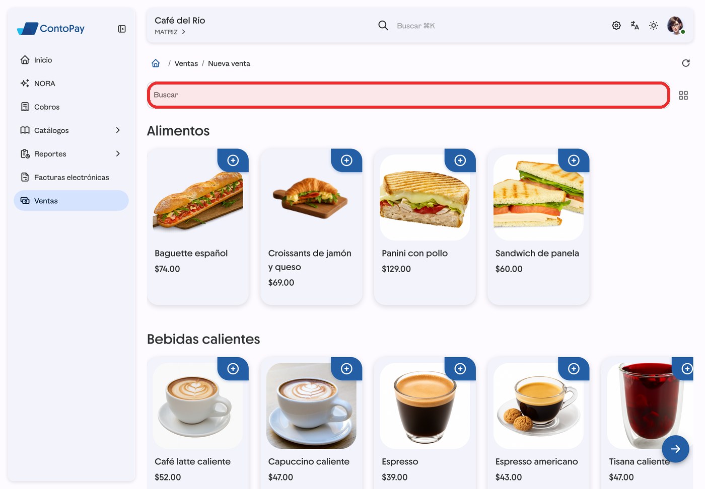 Pantalla Nueva venta de ContoPay web con el buscador de productos resaltado en rojo.