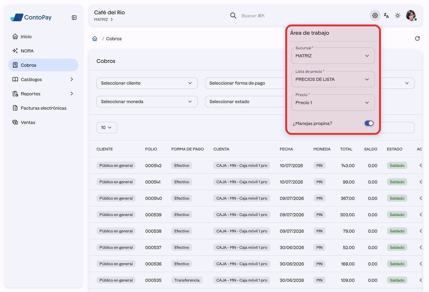 Panel Área de trabajo de ContoPay web con Sucursal, Lista de precio y Precio resaltados en rojo.