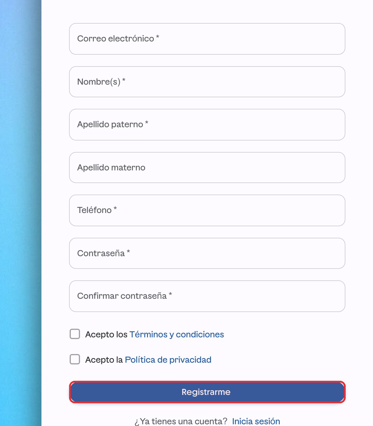 Formulario de registro de ContoPay con el botón Registrarme resaltado en rojo.
