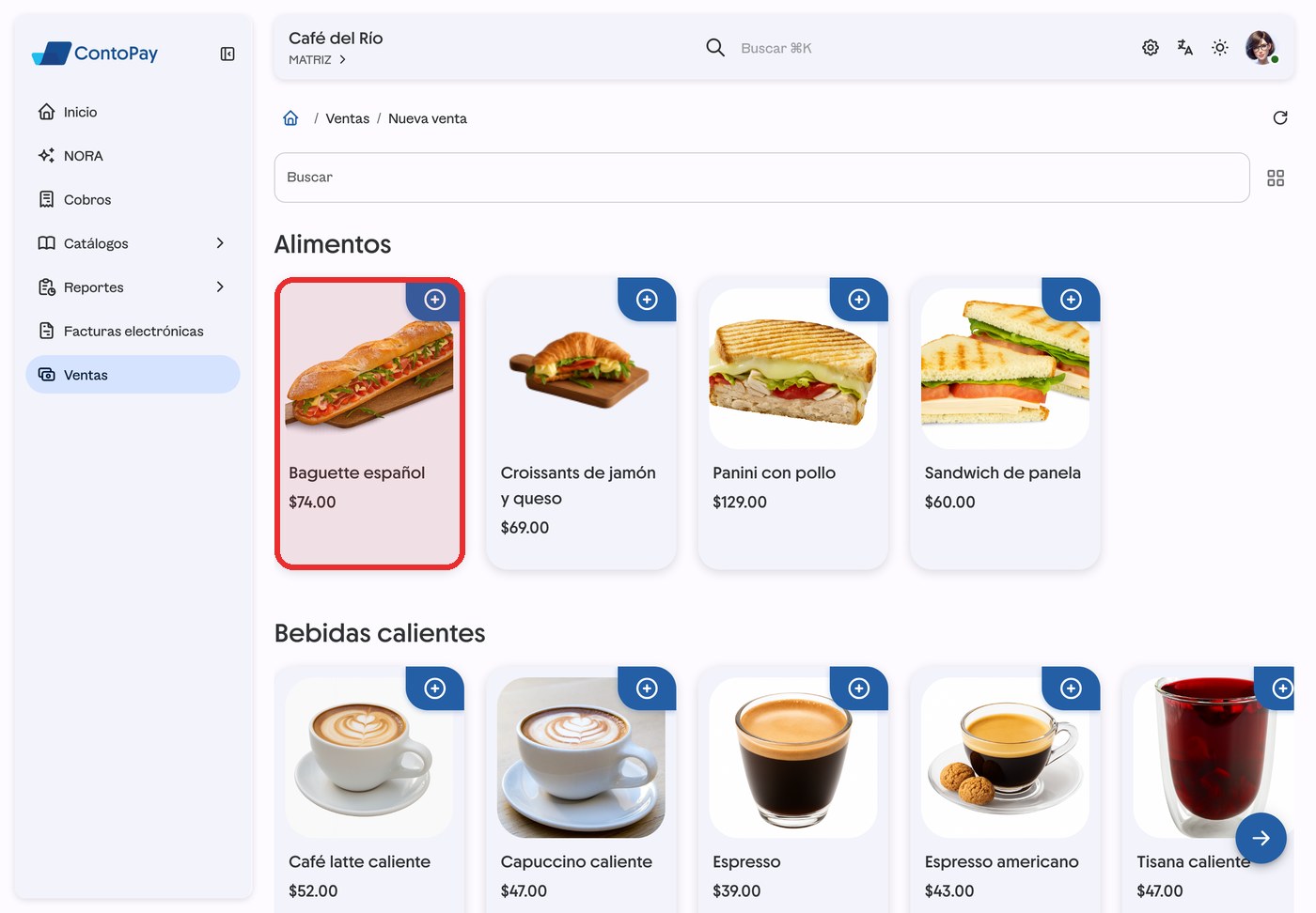 Pantalla Nueva venta de ContoPay web con una tarjeta de producto resaltada en rojo.