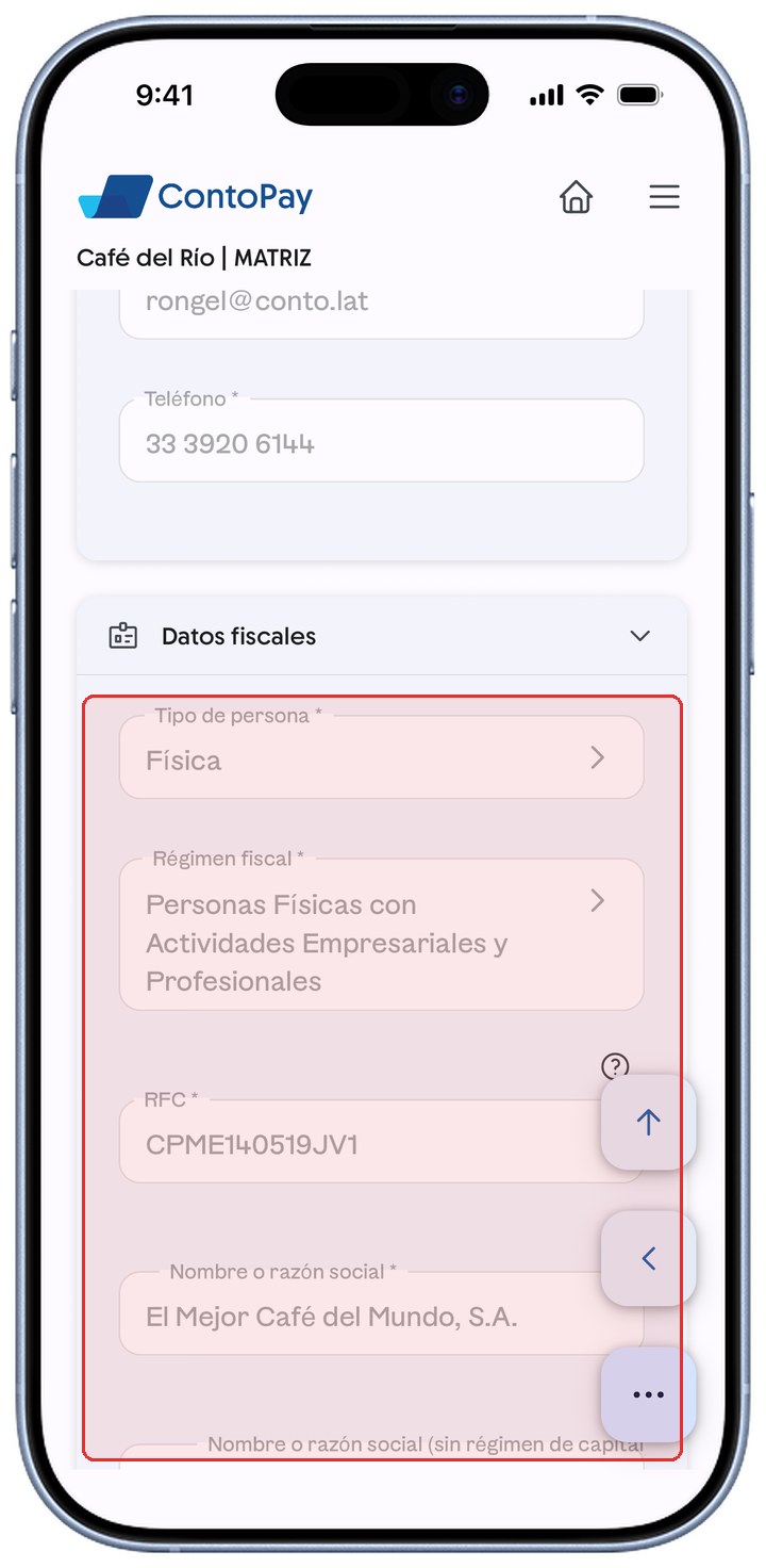 Sección Datos fiscales de ContoPay con los campos del SAT resaltados en rojo.