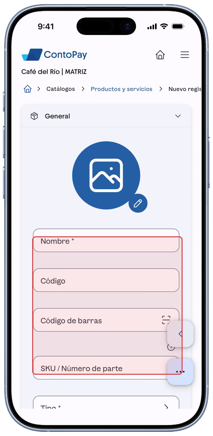 Formulario de producto de ContoPay con los campos generales (Nombre, Código, Código de barras, SKU) resaltados en rojo.