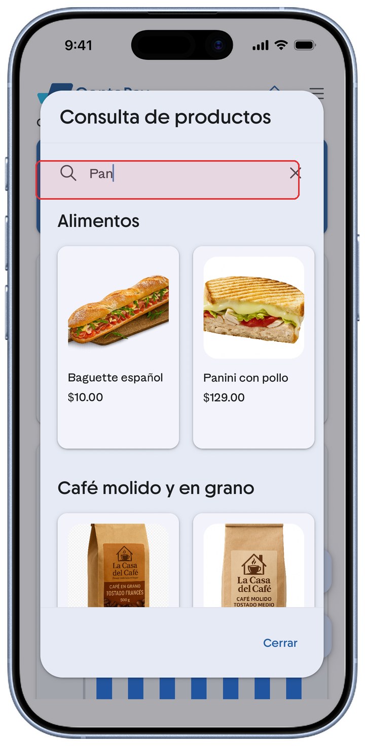 Pantalla Consulta de productos de ContoPay con la búsqueda Pan y los resultados filtrados, resaltada en rojo.
