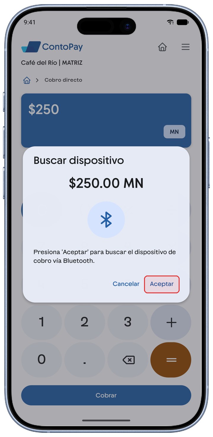 Diálogo Buscar dispositivo de ContoPay con el botón Aceptar resaltado en rojo.