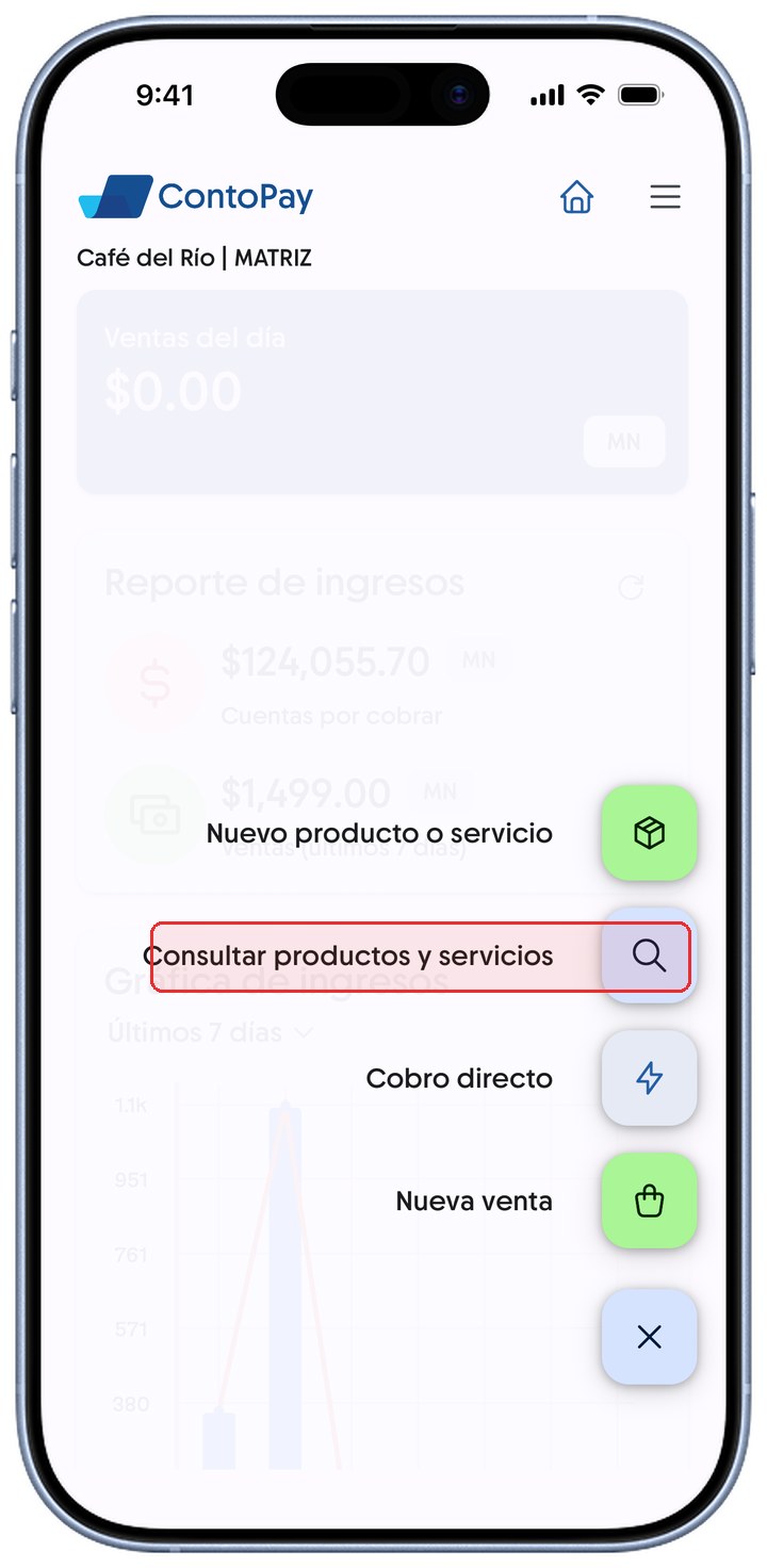 Menú de acciones de ContoPay con la opción Consultar productos y servicios resaltada en rojo.