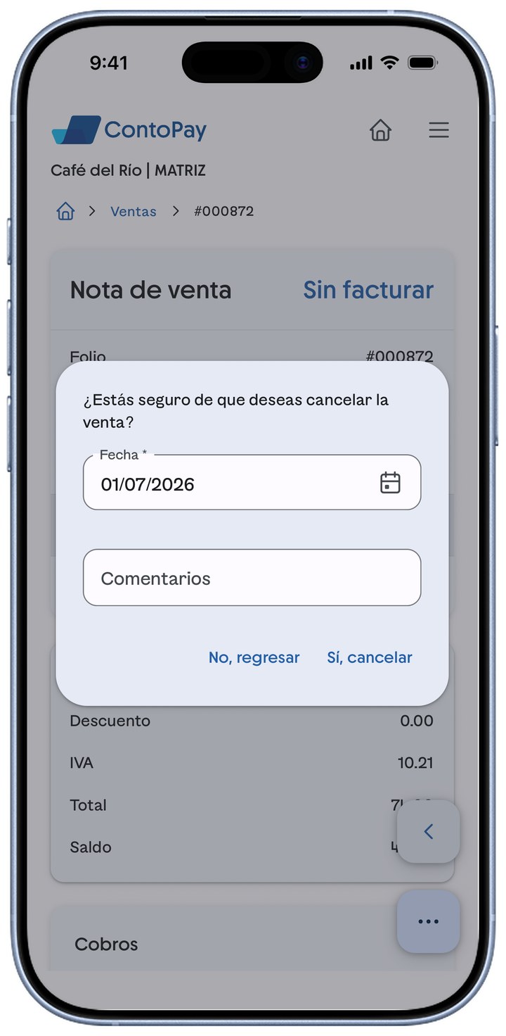 Diálogo de confirmación para cancelar la venta.