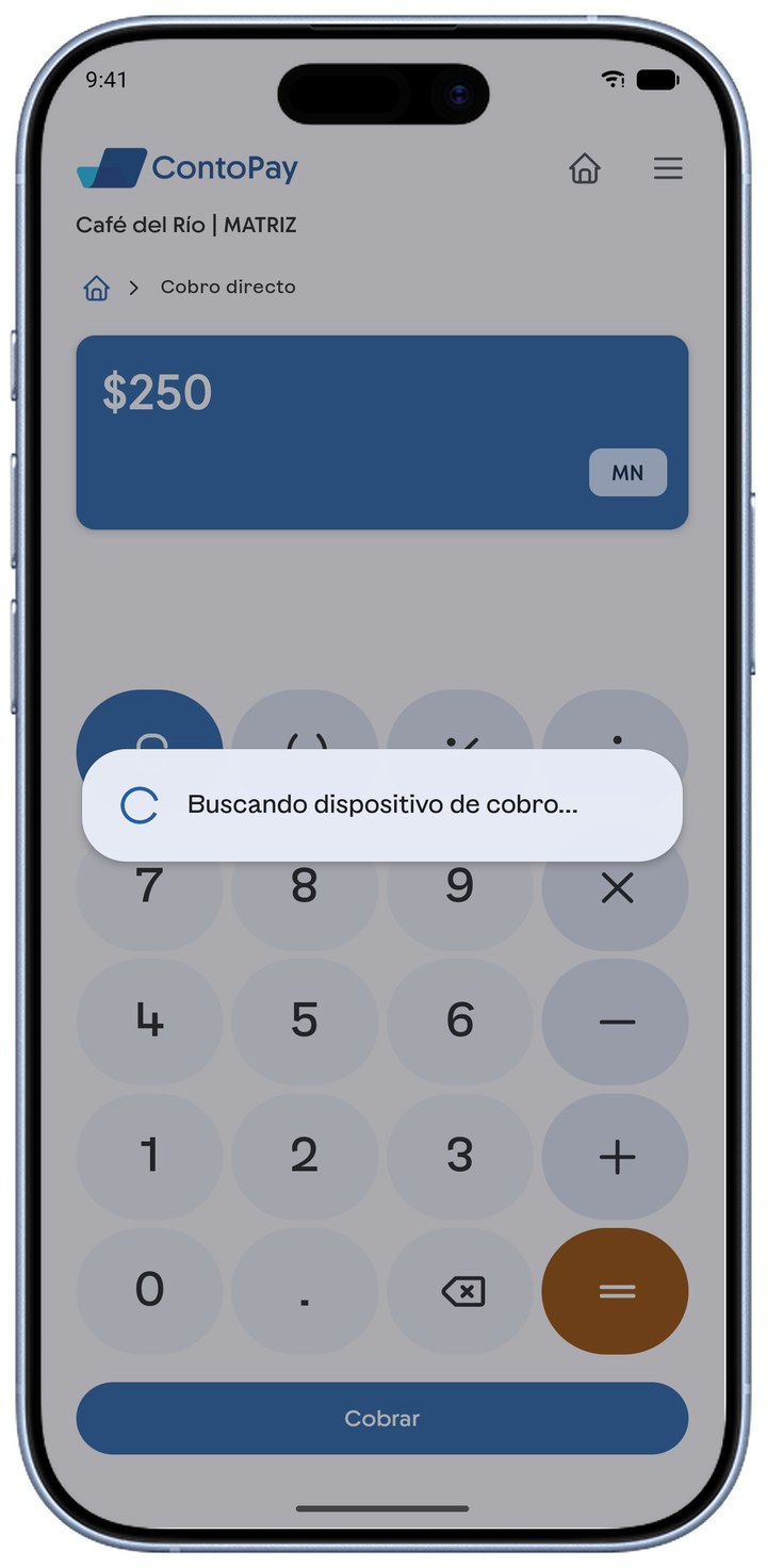 Diálogo de ContoPay mostrando Buscando dispositivo de cobro.