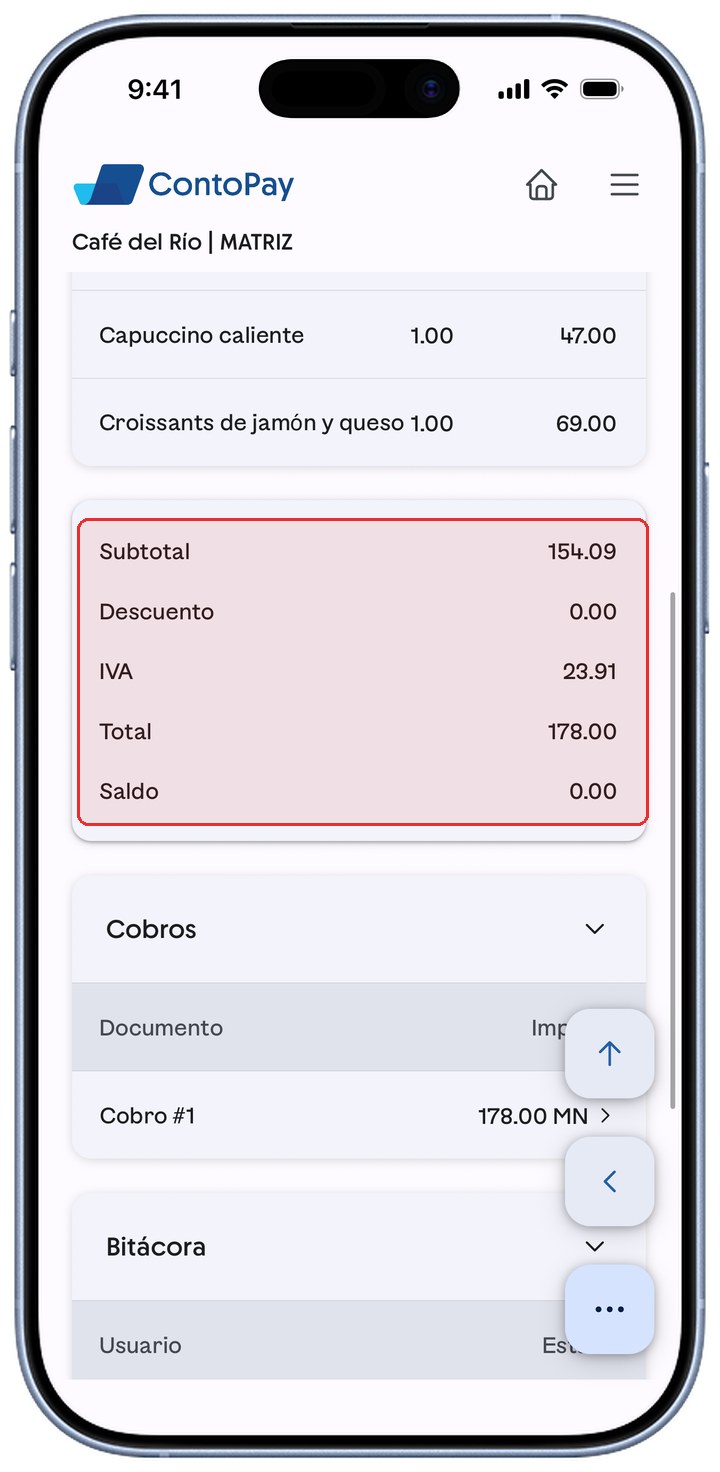 Nota de venta de ContoPay con el Subtotal, Descuento, IVA, Total y Saldo resaltados en rojo.