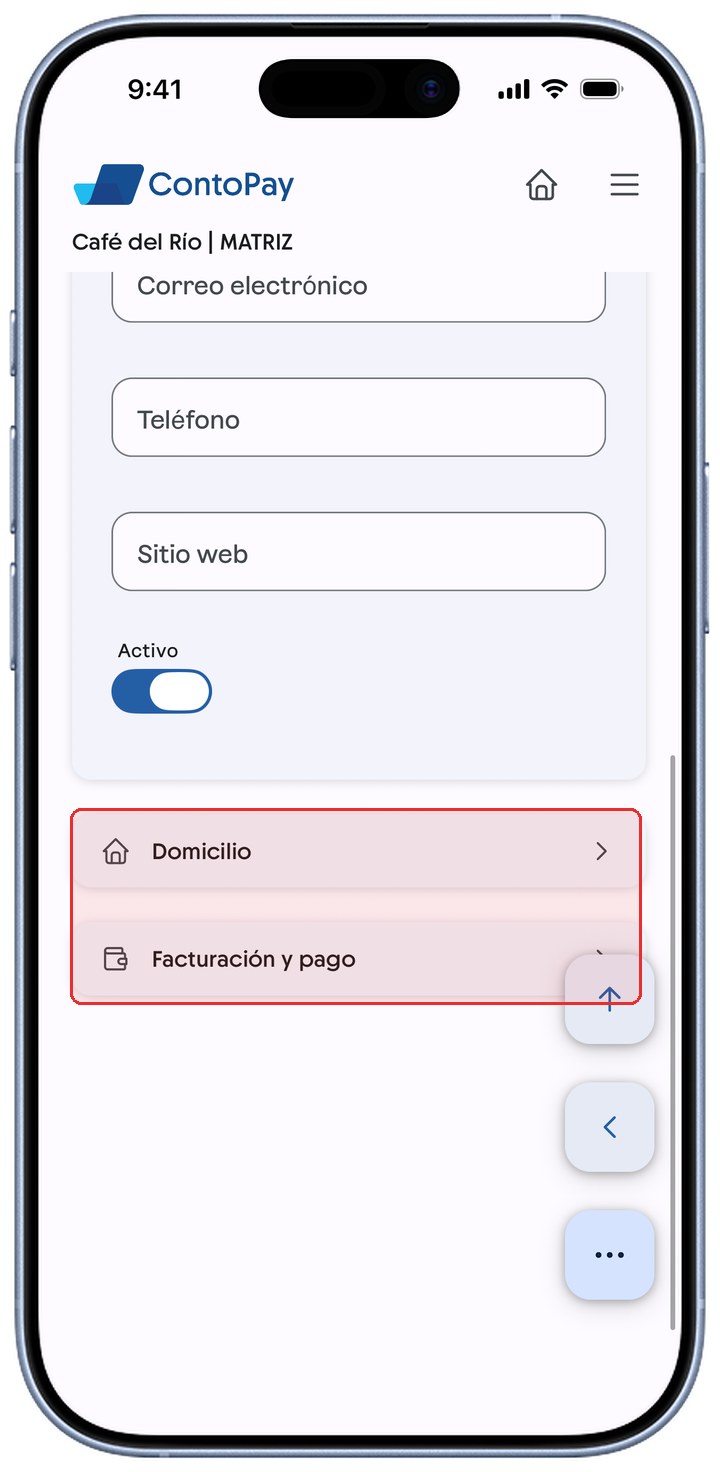 Formulario de cliente de ContoPay con las secciones Domicilio y Facturación y pago resaltadas en rojo.