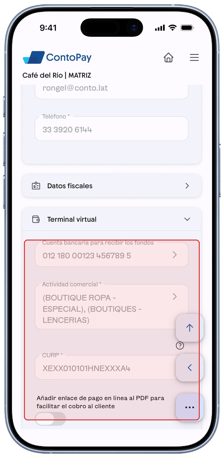 Sección Terminal virtual de ContoPay con sus campos resaltados en rojo.