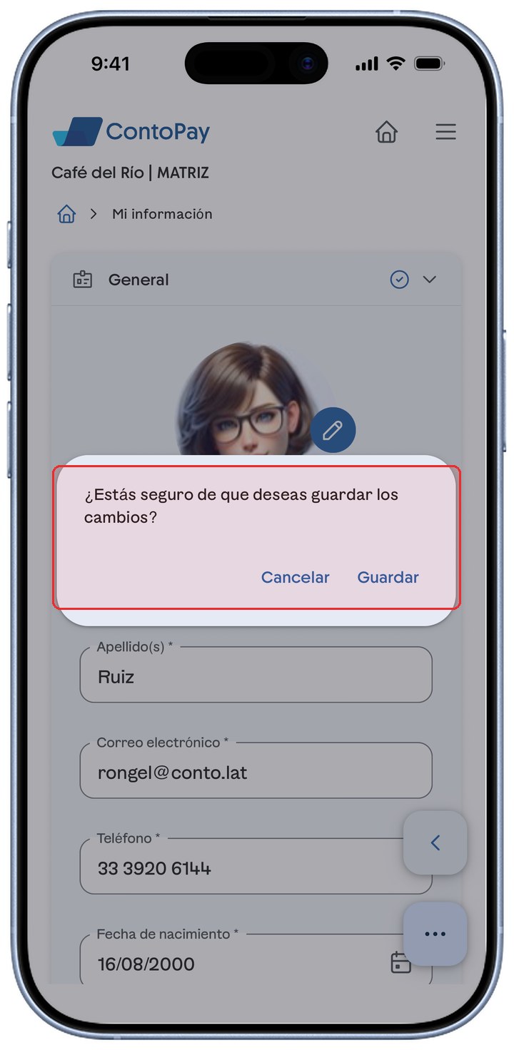 Diálogo de confirmación de ContoPay para guardar los cambios resaltado en rojo.