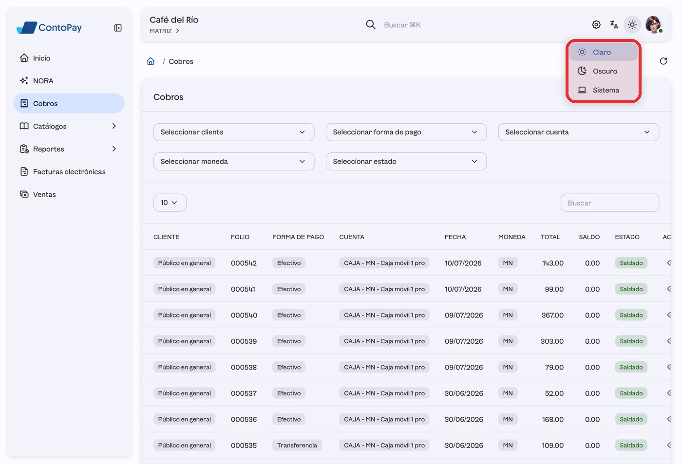 Menú de tema de ContoPay web con las opciones Claro, Oscuro y Sistema resaltadas en rojo.
