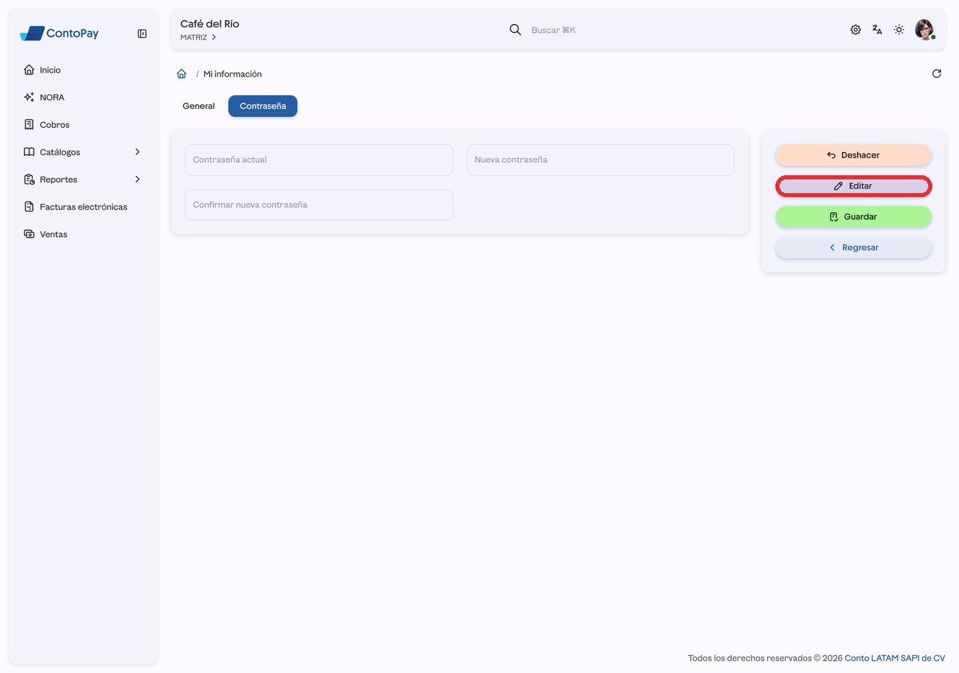 Pantalla de contraseña de ContoPay web con el botón Editar resaltado en rojo.