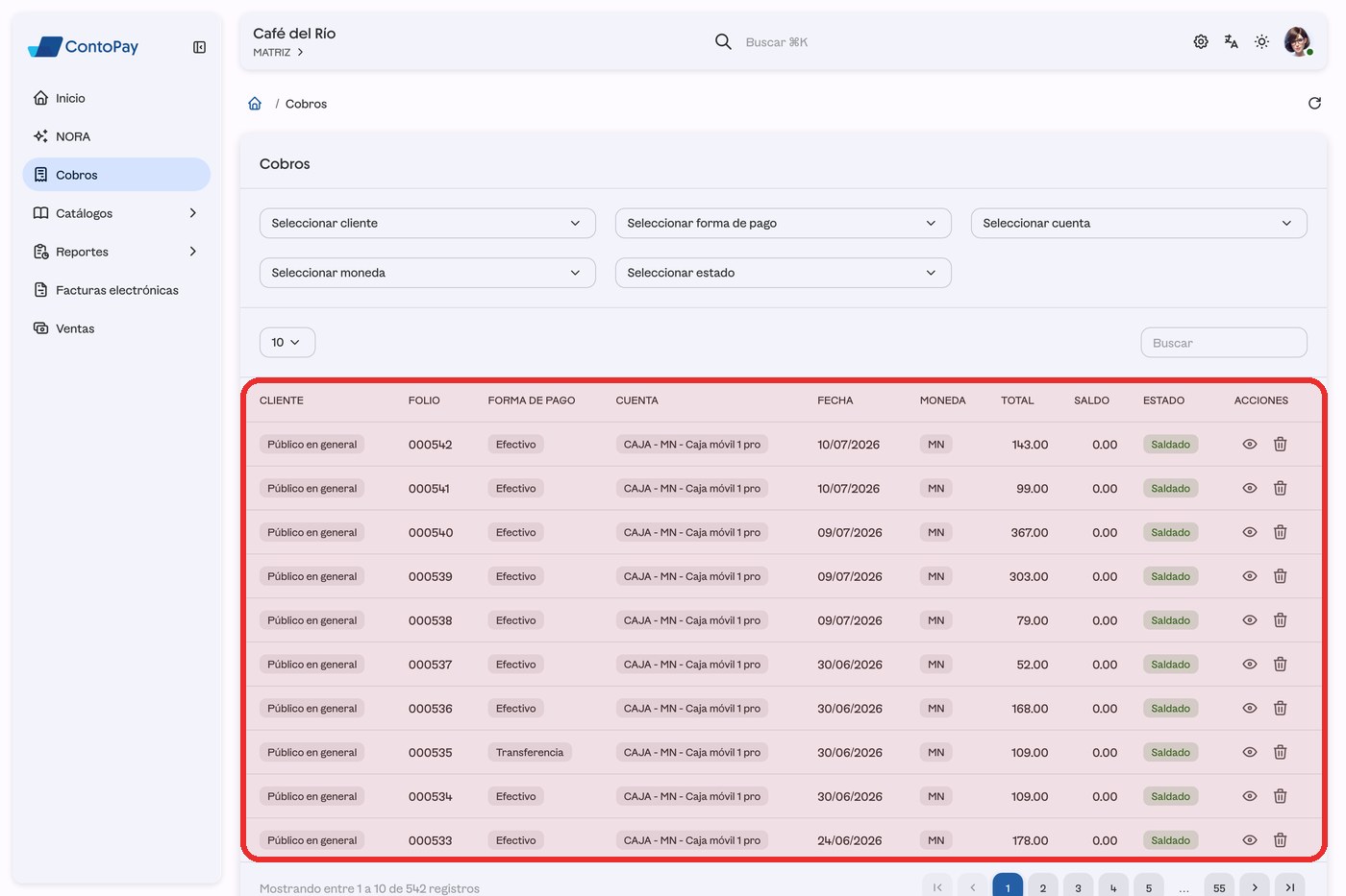 Pantalla Cobros de ContoPay web con la tabla de cobros resaltada en rojo.