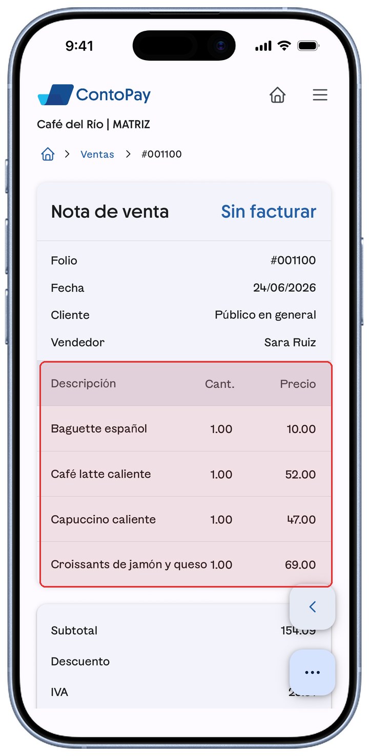 Nota de venta de ContoPay con la tabla de productos resaltada en rojo.