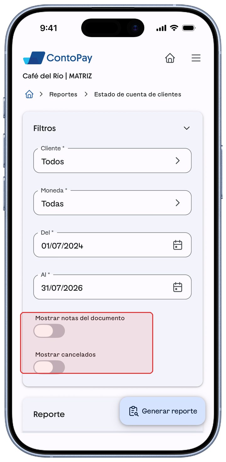 Filtros del reporte de ContoPay con los switches Mostrar notas y Mostrar cancelados resaltados en rojo.