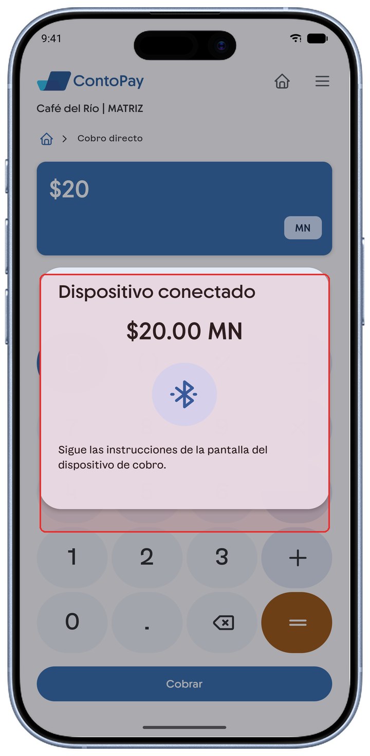 Aviso Dispositivo conectado de ContoPay resaltado en rojo.
