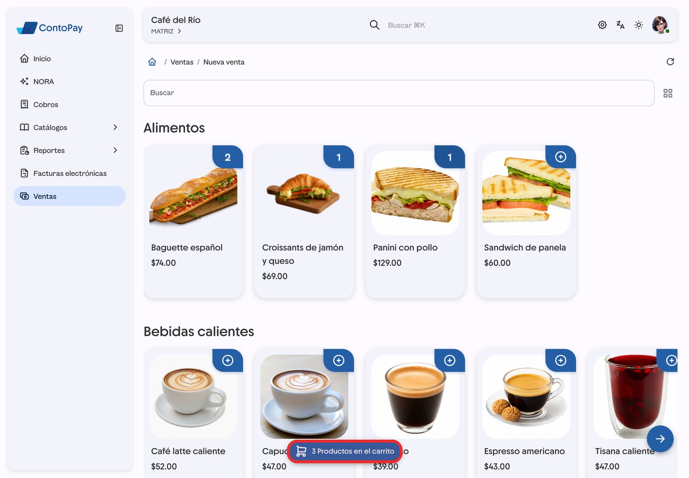 Pantalla Nueva venta de ContoPay web con el botón flotante del carrito resaltado en rojo.