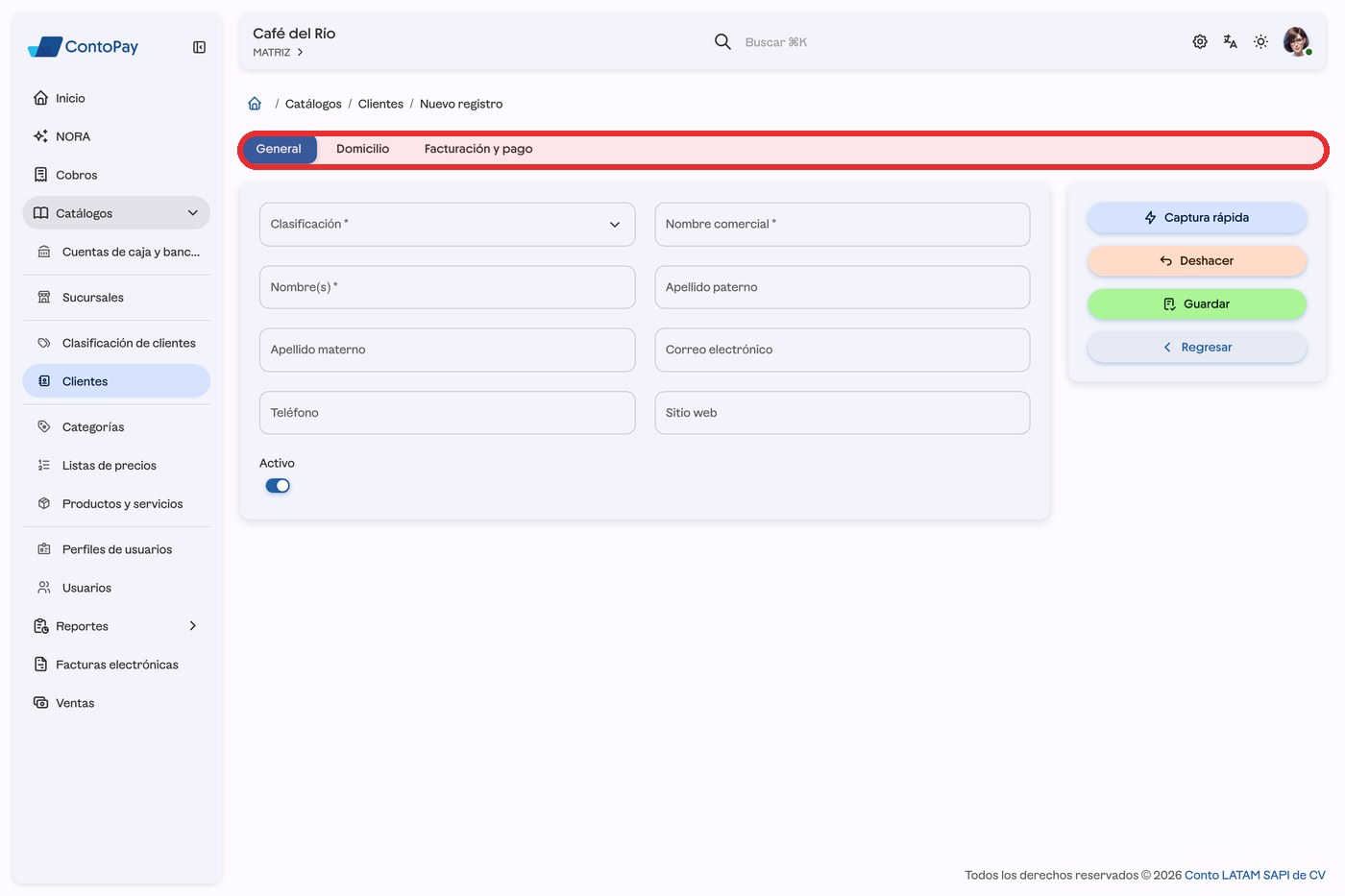 Formulario de nuevo cliente de ContoPay web con las pestañas General, Domicilio y Facturación resaltadas en rojo.
