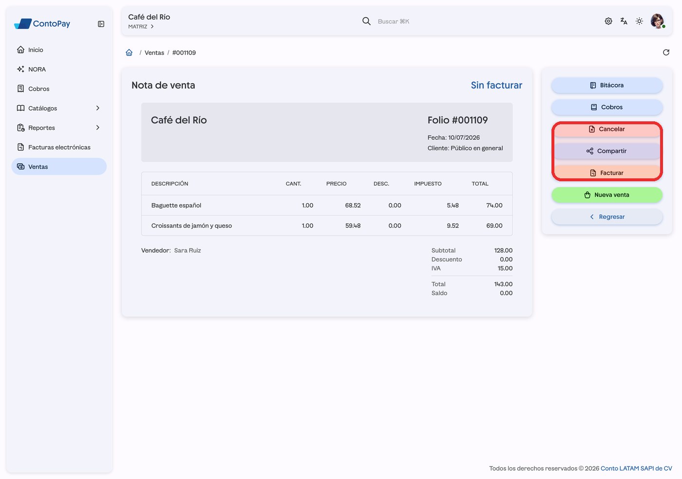 Panel de acciones de la nota de venta de ContoPay web resaltado en rojo.
