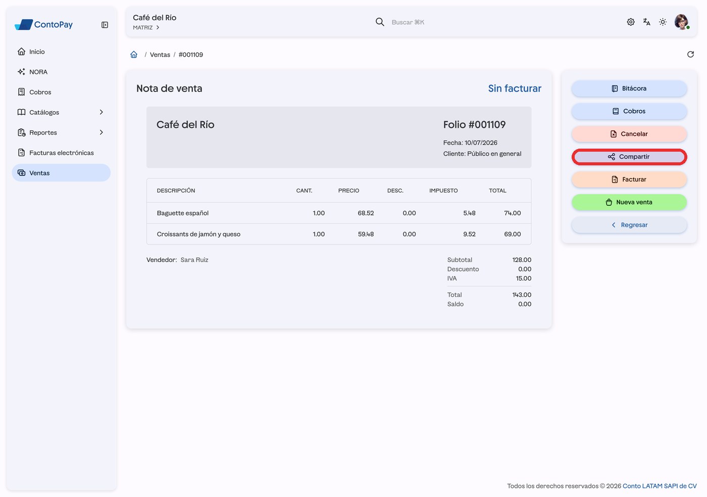 Nota de venta de ContoPay web con el botón Compartir resaltado en rojo.