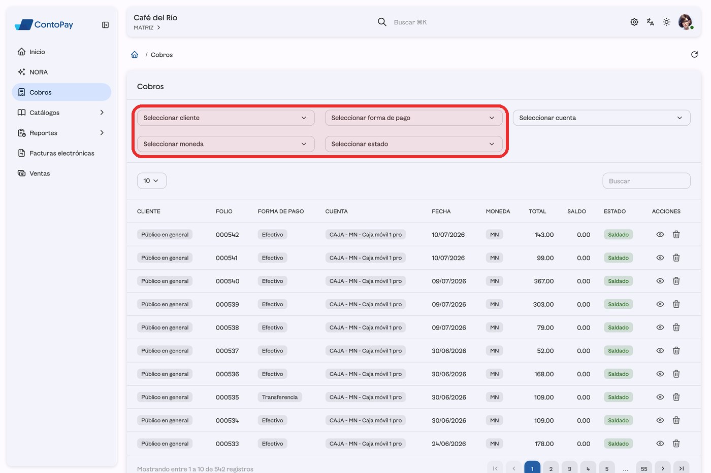 Pantalla Cobros de ContoPay web con la fila de filtros resaltada en rojo.