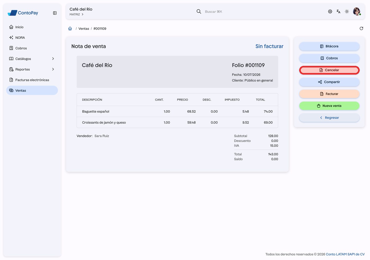 Nota de venta de ContoPay web con el botón Cancelar resaltado en rojo.