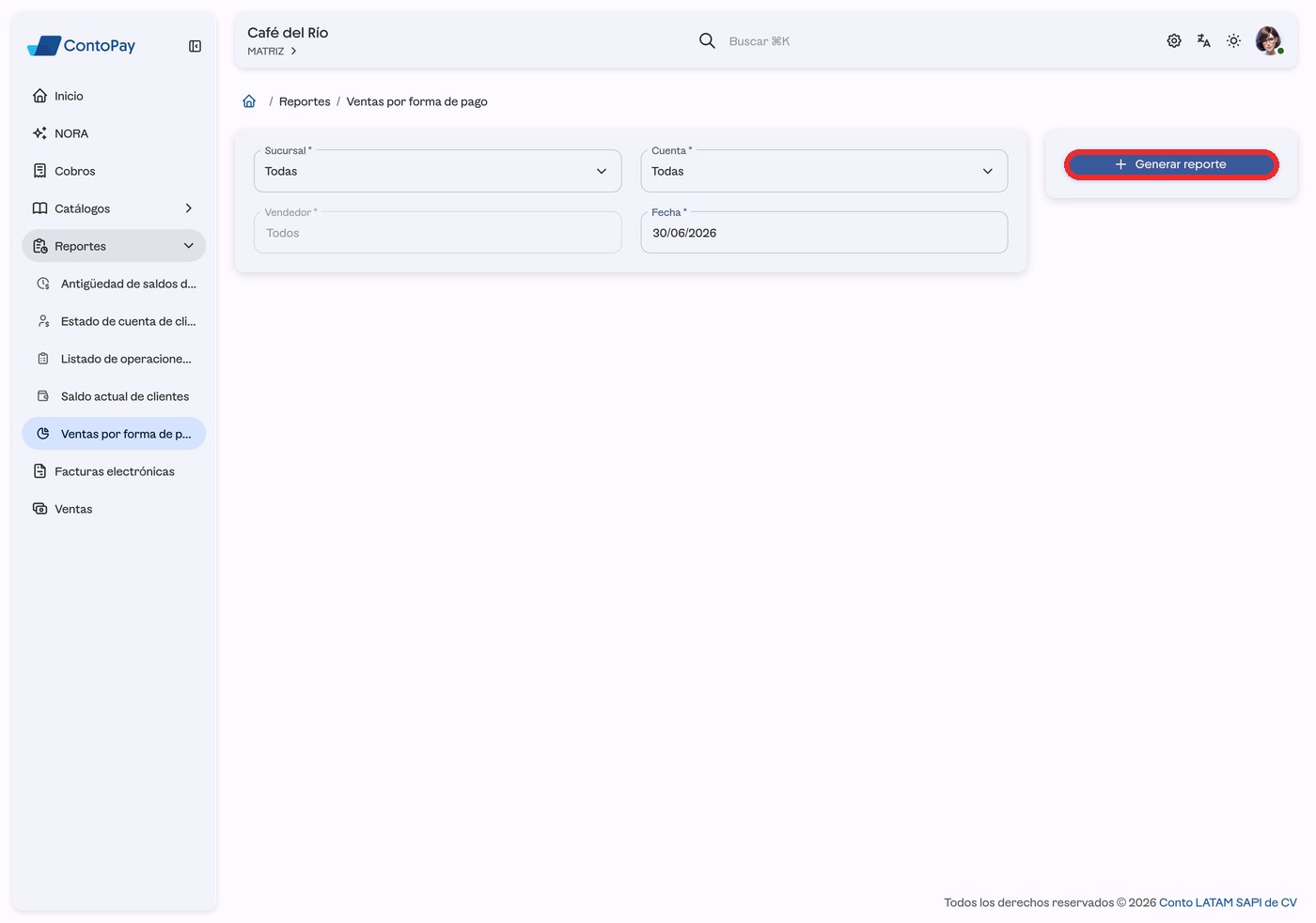 Formulario del reporte Ventas por forma de pago de ContoPay web con el botón Generar reporte resaltado en rojo.