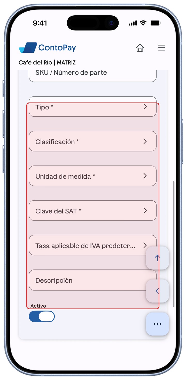 Formulario de producto de ContoPay con Tipo, Clasificación, Unidad de medida, Clave del SAT, IVA y Activo resaltados en rojo.