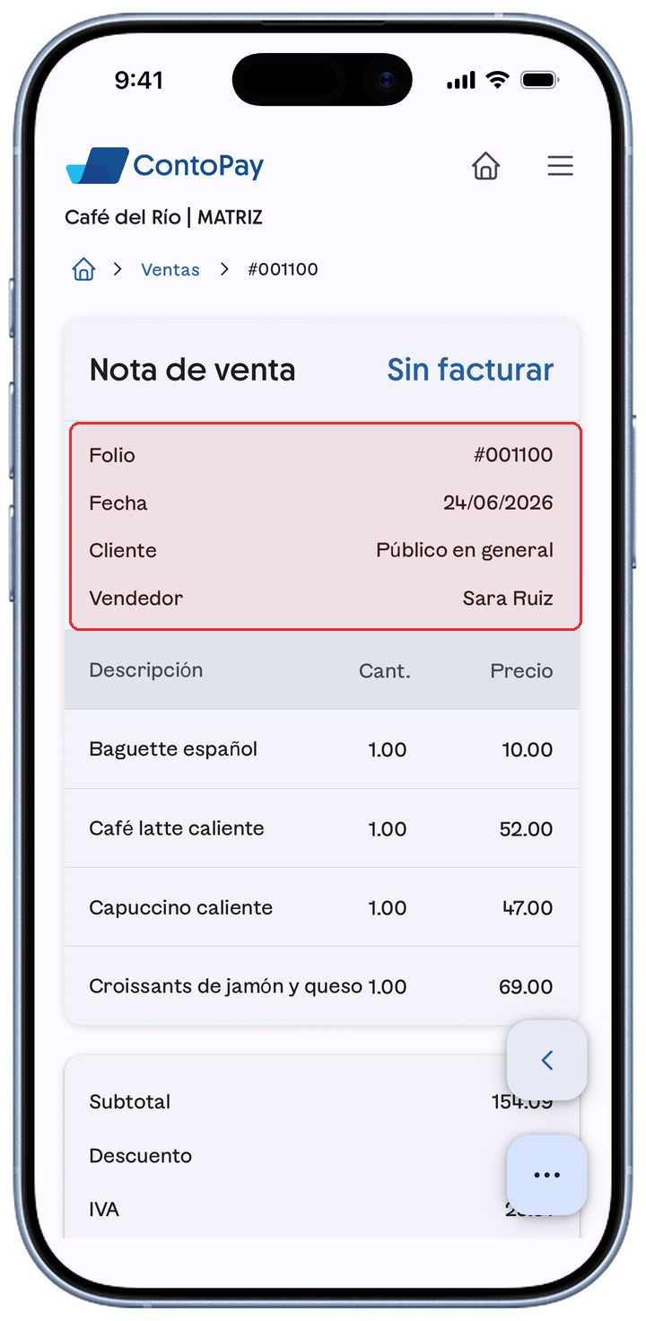 Nota de venta de ContoPay con el folio, la fecha, el cliente y el vendedor resaltados en rojo.