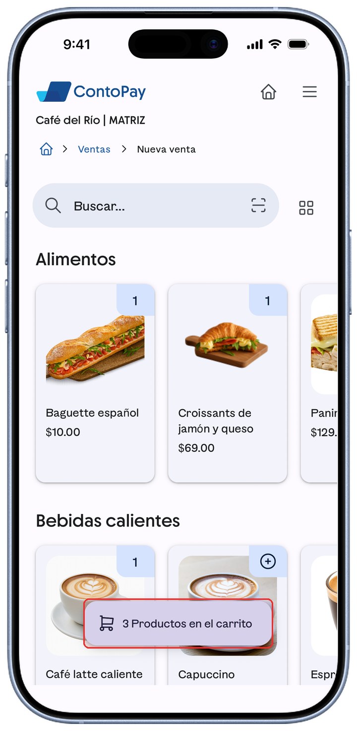 Catálogo de ContoPay con el aviso flotante 3 Productos en el carrito resaltado en rojo.