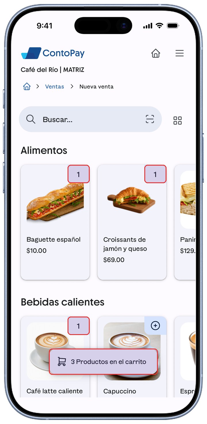 Catálogo de ContoPay con la cantidad (1) resaltada en la esquina de cada producto agregado y el contador del carrito en 3 Productos, todo en rojo.