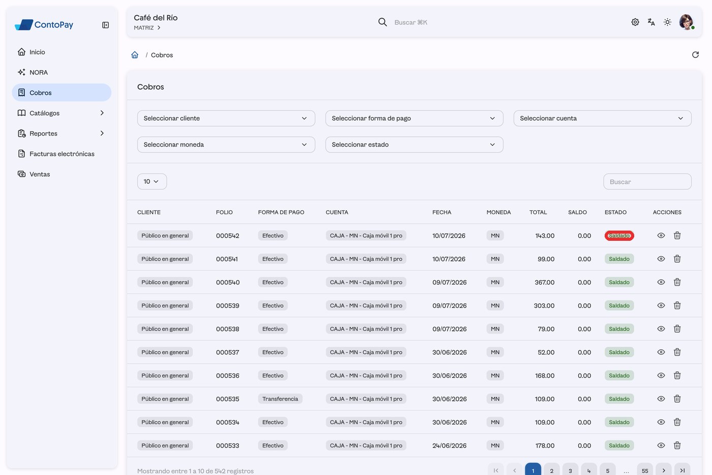 Pantalla Cobros de ContoPay web con un estado Saldado resaltado en rojo.