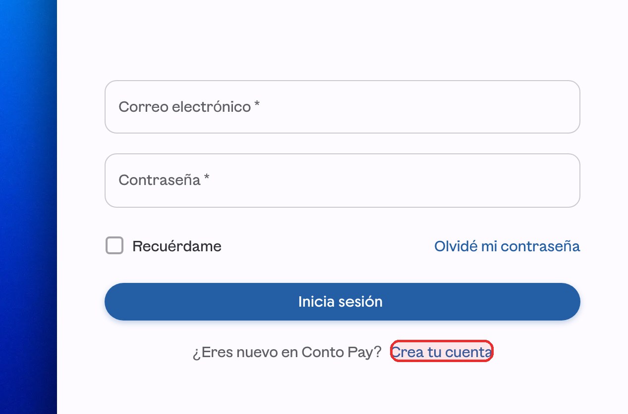 Formulario de inicio de sesión de ContoPay con el enlace Crea tu cuenta resaltado en rojo.