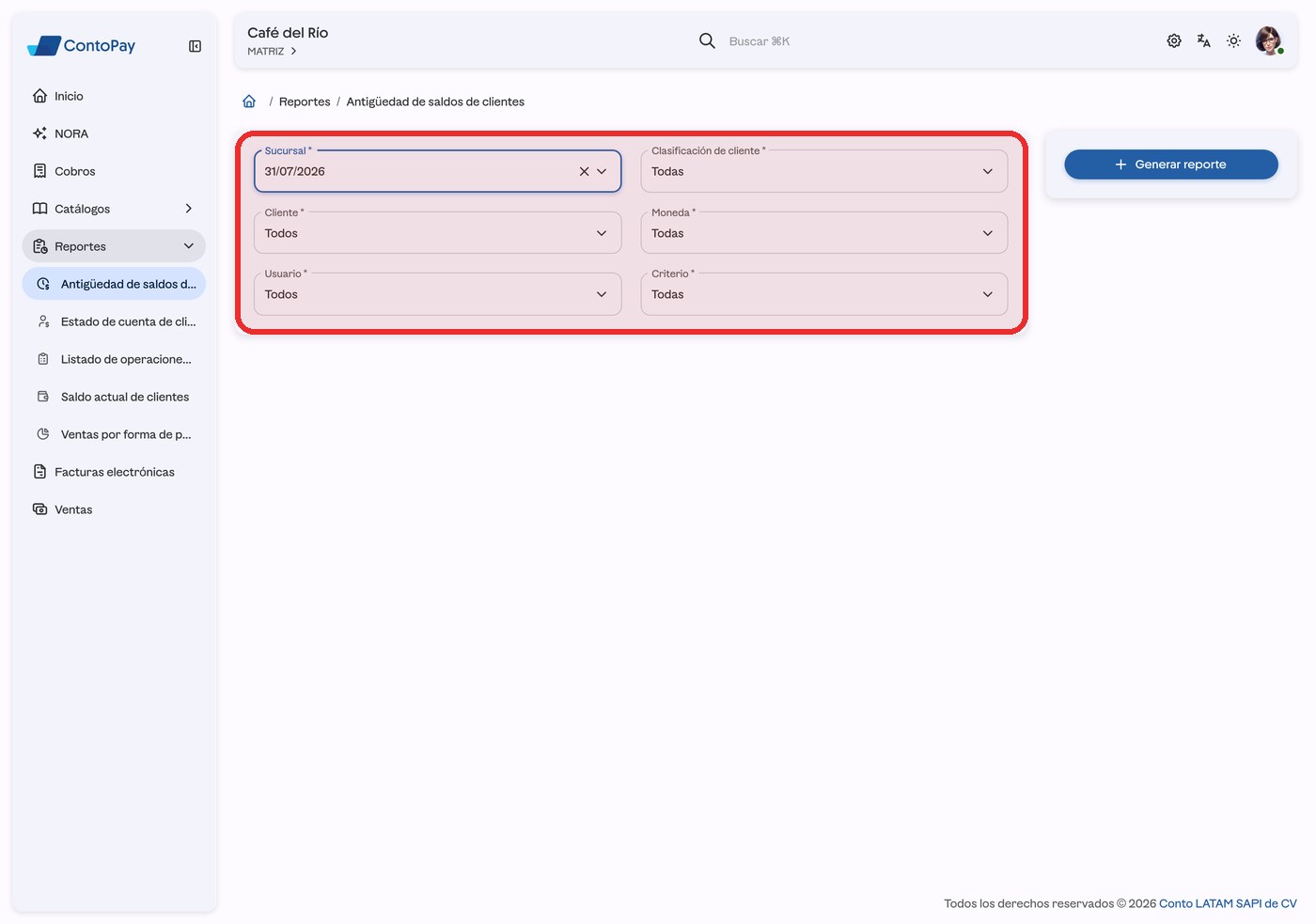 Formulario del reporte Antigüedad de saldos de clientes de ContoPay web con los filtros resaltados en rojo.