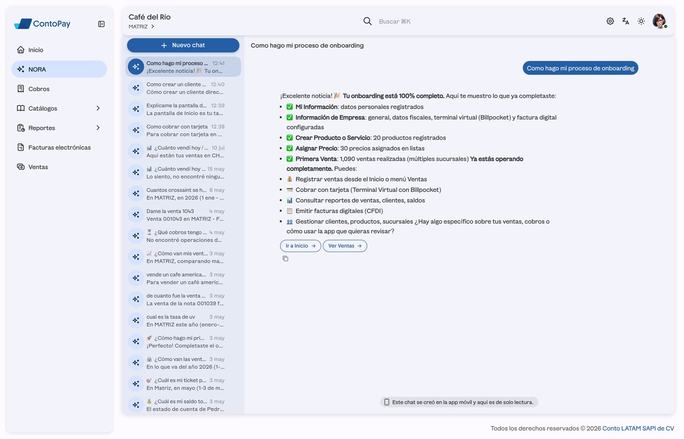 Pantalla de NORA en ContoPay web mostrando una respuesta con acciones.