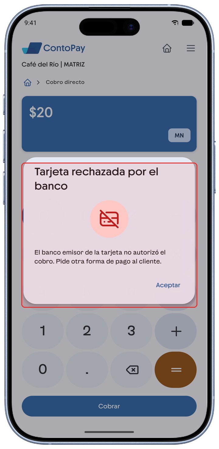 Cobro con tarjeta en ContoPay con el aviso Tarjeta rechazada por el banco resaltado en rojo.
