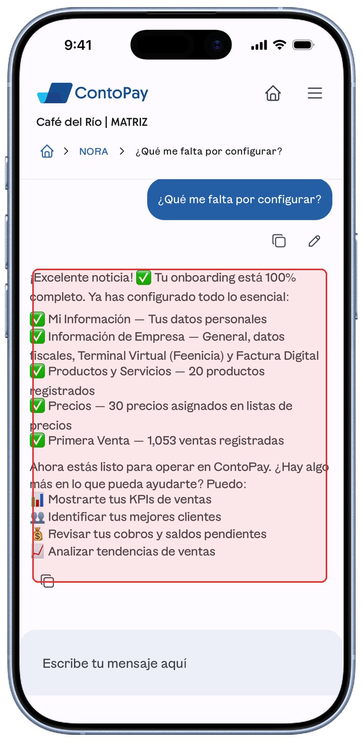 Conversación con NORA en ContoPay con la respuesta resaltada en rojo.