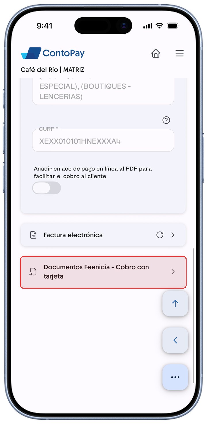 Información de la empresa de ContoPay con la sección Documentos Feenicia resaltada en rojo.