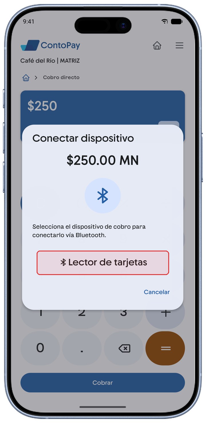 Diálogo Conectar dispositivo de ContoPay con la fila del lector resaltada en rojo.