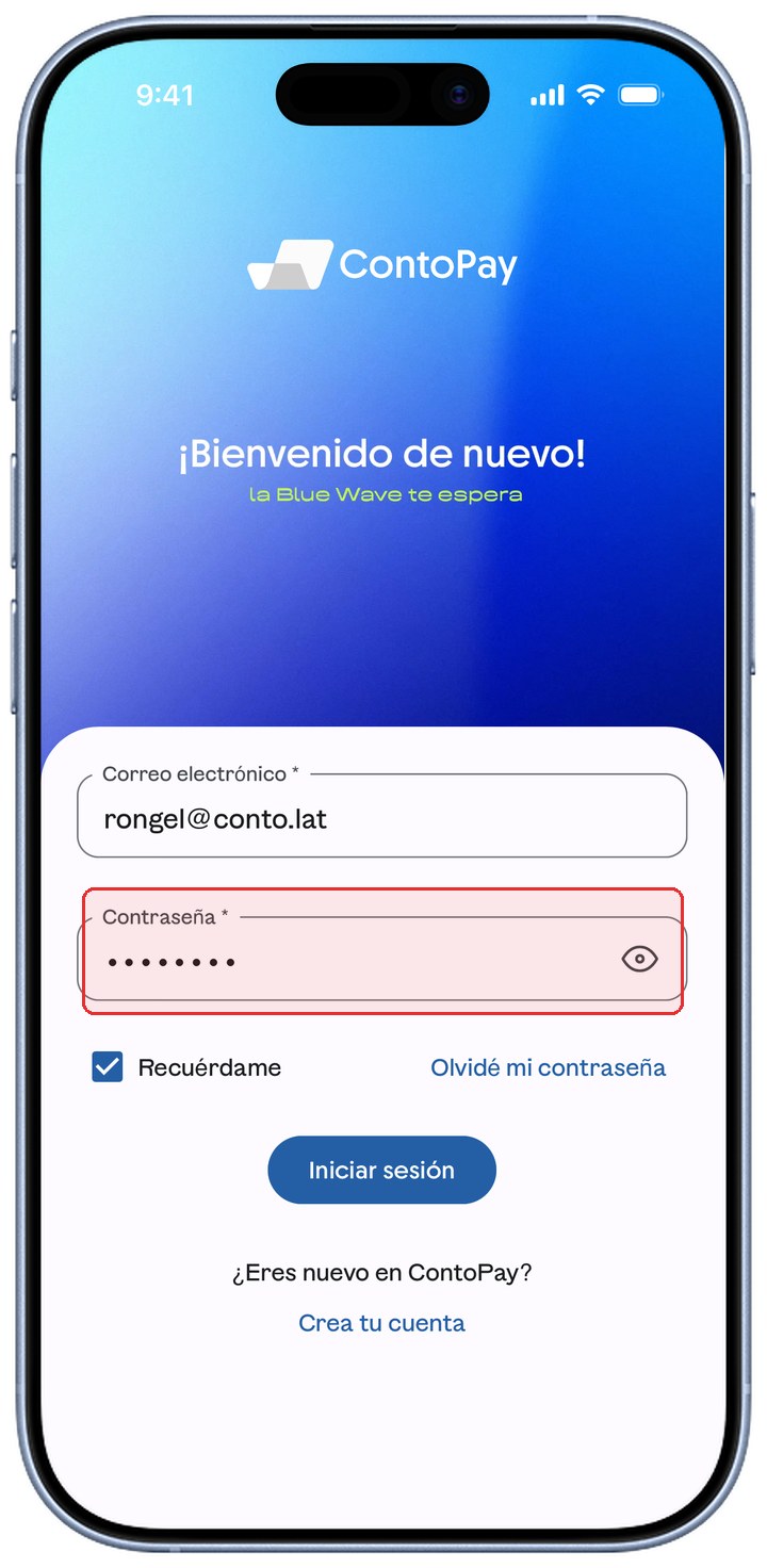 Pantalla de inicio de sesión de ContoPay con el campo Contraseña resaltado en rojo.