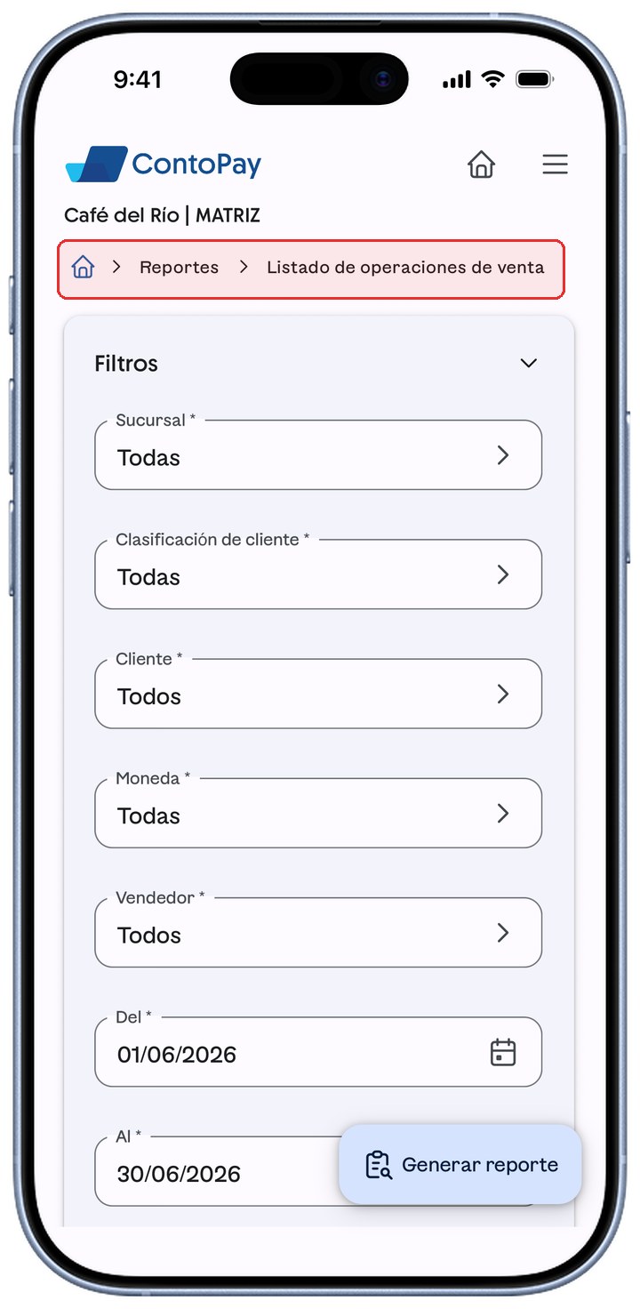Reporte Listado de operaciones de venta de ContoPay con la migaja resaltada en rojo.